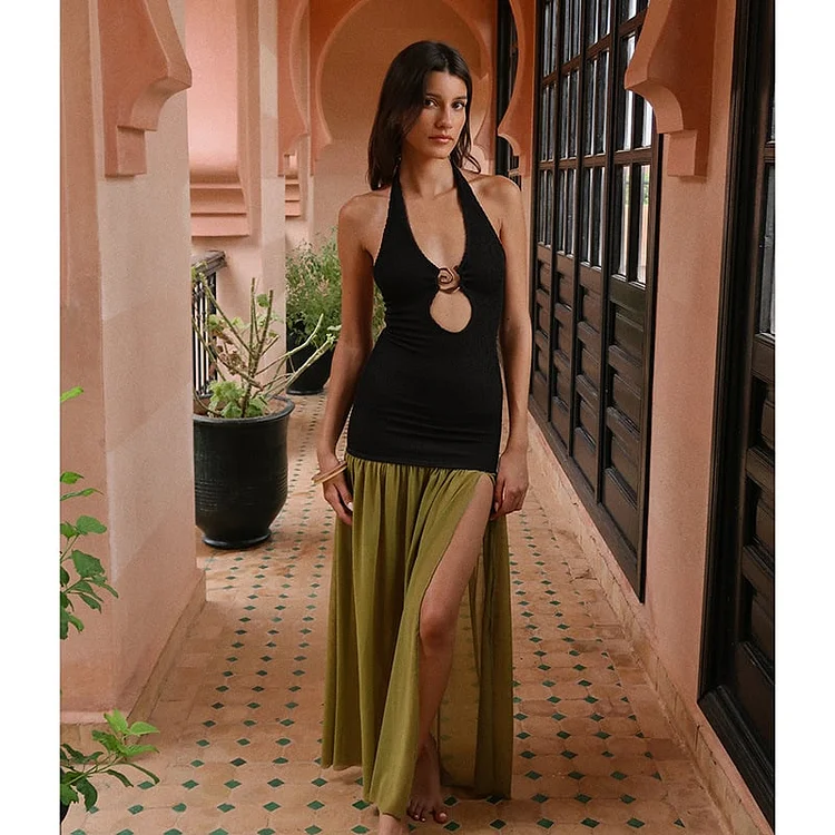 Black and green patchwork halter slit dress