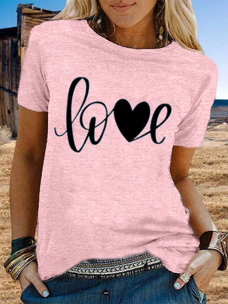 Bestdealfriday Vintage Short Sleeve Love Letter Printed Crew Neck Plus Size Casual Tops 9326777