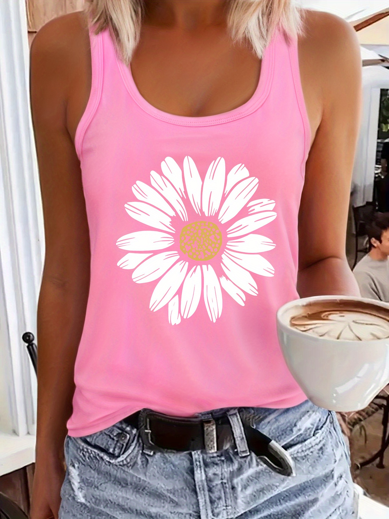 Women's Casual Sleeveless Daisy Print Tank Top - Vibrant Pink Floral Design, Round Neck, Lightweight & Breathable Fabric For Spring/Summer, Perfect For Casual Attire, Floral Print Tank To | IFYHOME