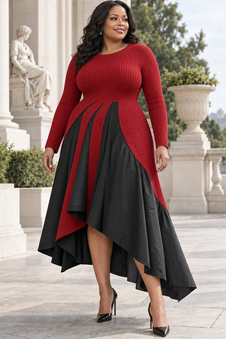 Xpluswear Design Plus Size Business Casual Red Colorblock Round Neck Long Sleeve Contrast Asymmetric Hem Irregular Hem Rib Knit Midi Dresses [Pre-Order] 2024 - Xpluswear
