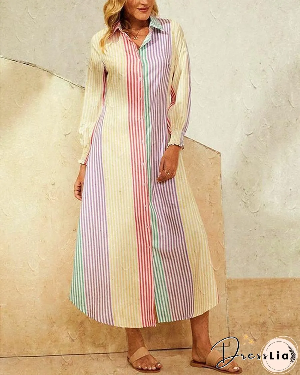 Leaves Print Lapel Button Long Sleeve Maxi Shirt Dress