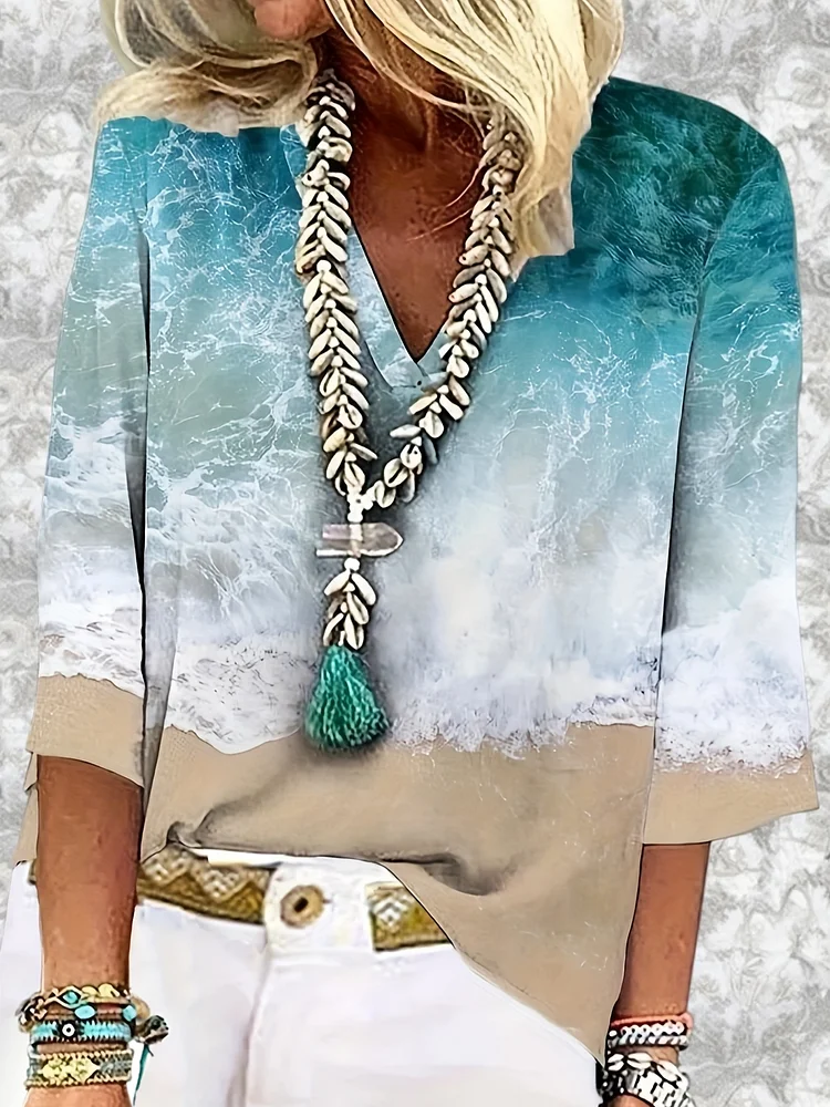 Allover Print V Neck Blouse, Casual Three-Quarter Sleeve Blouse For Spring & Summer, Women's Clothing