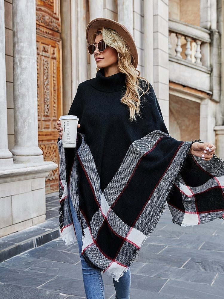 Turtleneck Plaid Fringed Shawl Sweater Coat socialshop