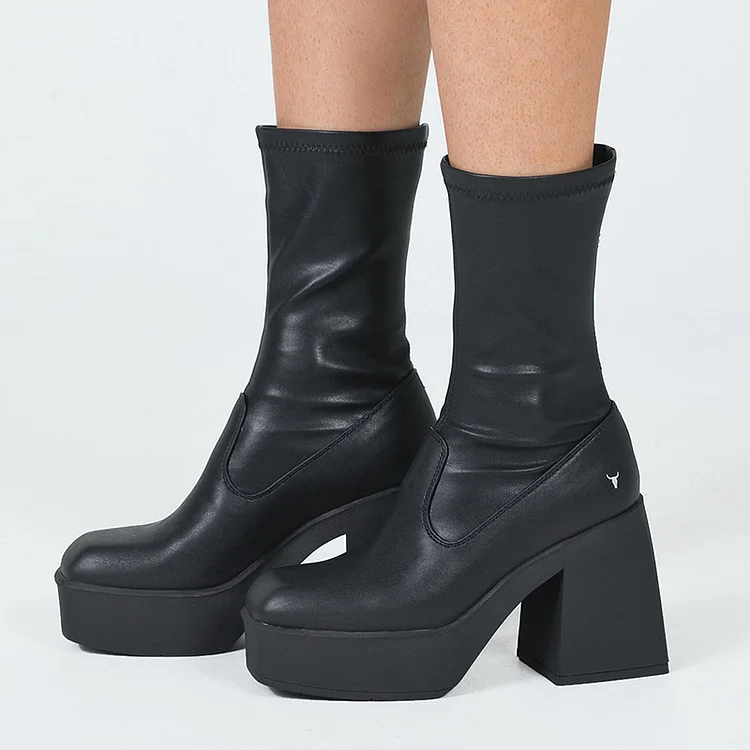 Black Mid Calf Square Toe Chunky Heel Platform Boots Vdcoo