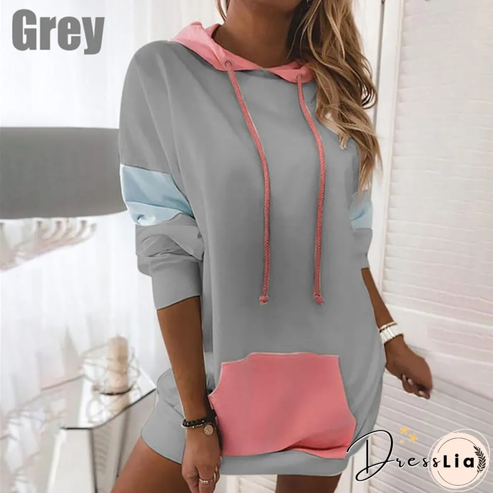 New Winter Womens Fashion Warm Loose Pullover Dress Long Sleeve Hoodies Color Block Mini