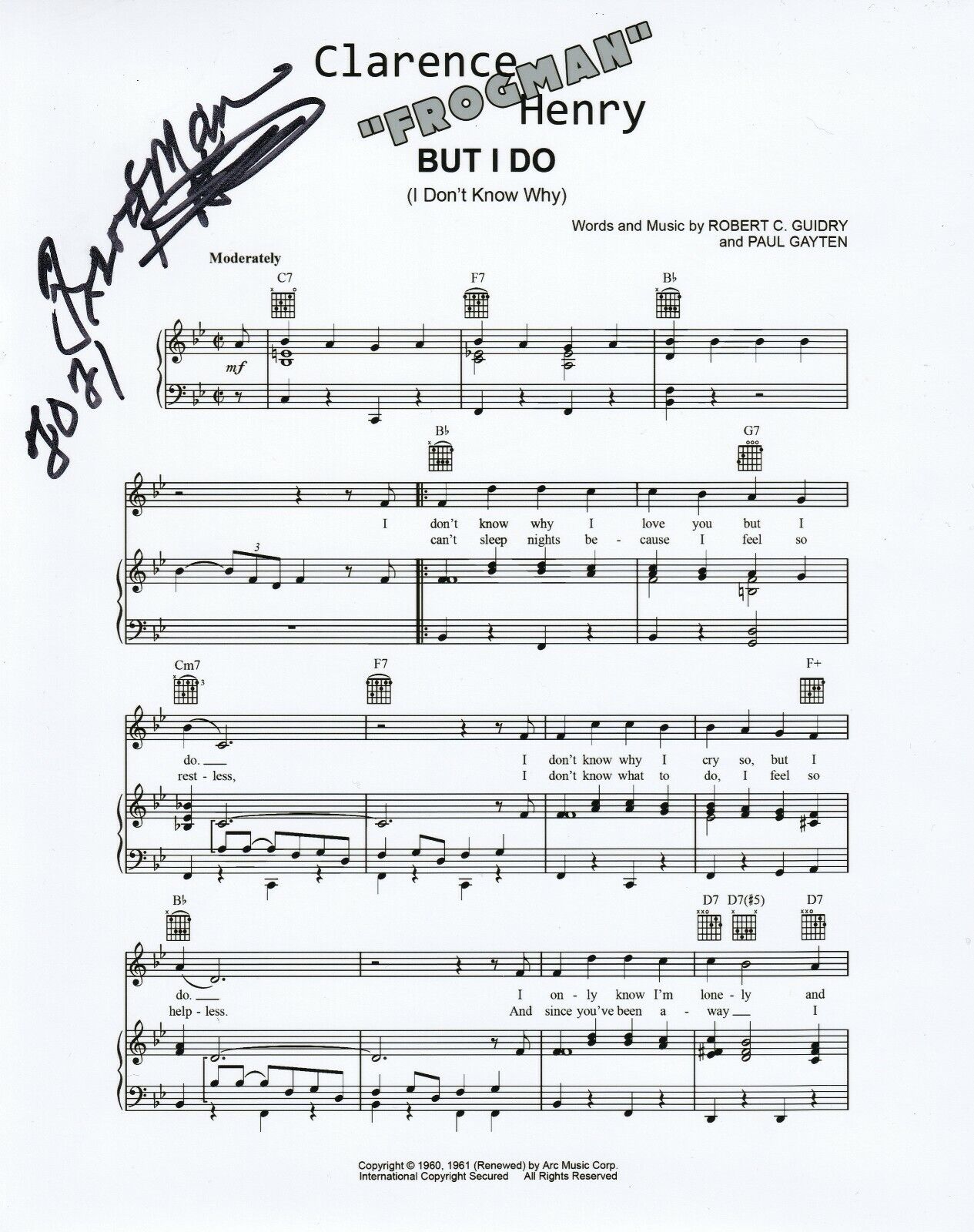 Clarence Frogman Henry REAL hand SIGNED But I Do Sheet Music COA Autographed