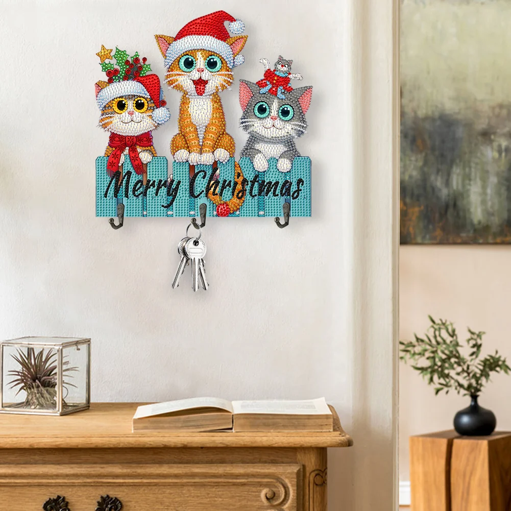 DIY Christmas Cat Wooden Christmas Diamond Art Hanging Hooks Home Decor