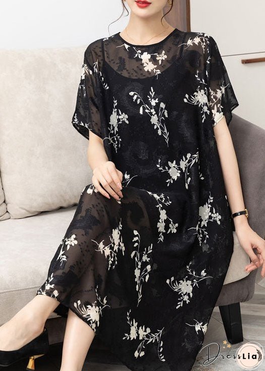 Handmade Black O Neck Print Patchwork Chiffon Dress Summer