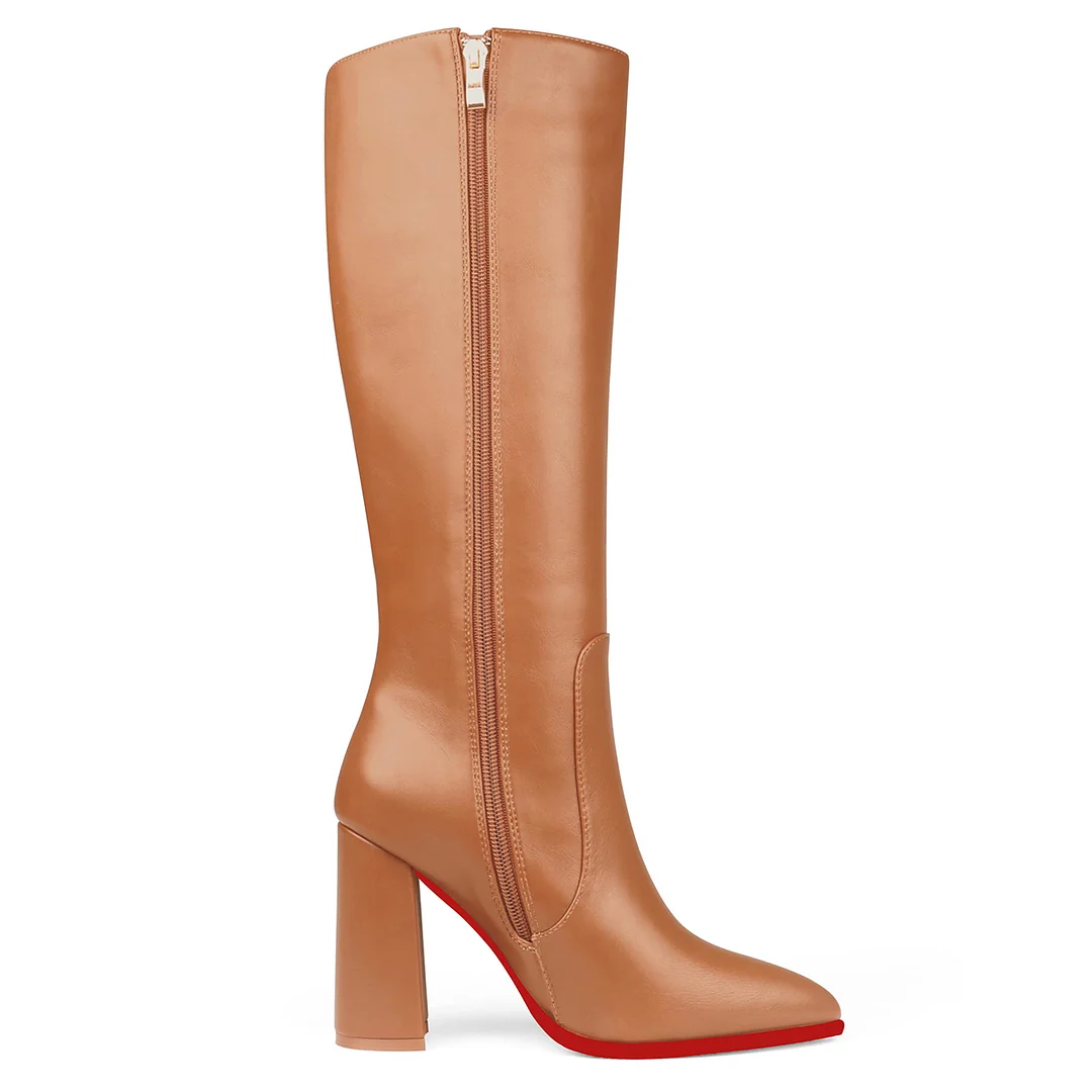 95mm Women's  Knee Boots Leather Red Bottom Chunky High Heels Boots-MERUMOTE