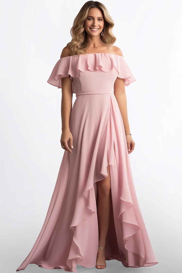 Zaruci Bridesmaid Pink Chiffon Off The Shoulder Ruffle Slit Maxi Dress [Pre-Order]