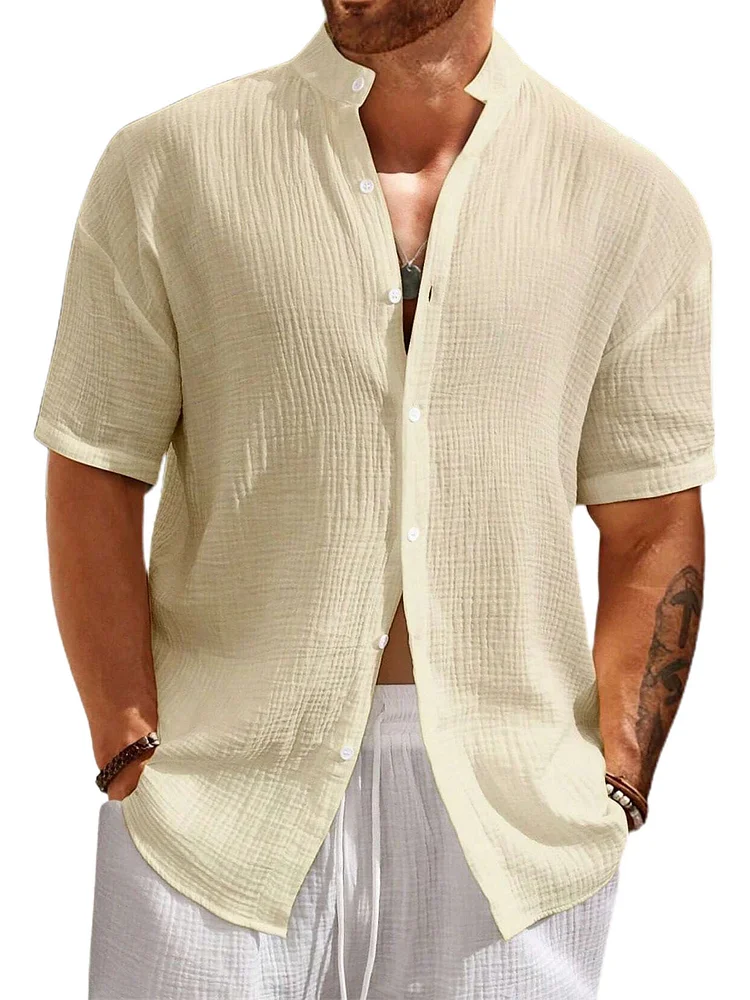 Men's Stand Collar Puff Wrinkle Textured Basic Versatile Short Sleeve Shirt