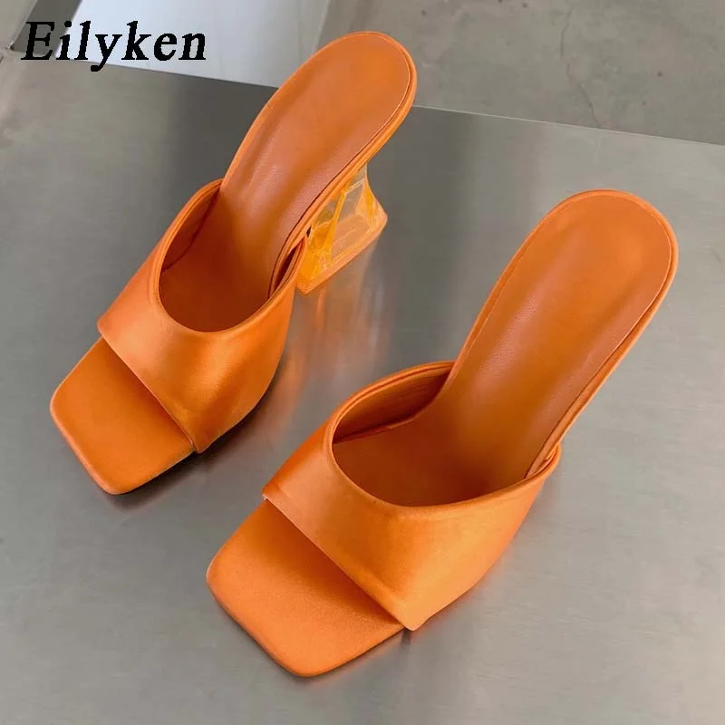 Eilyken 2022 New Silk Green Women's Strange Style Transparent High Heels Slippers Square toe Female Sandalias de mujer