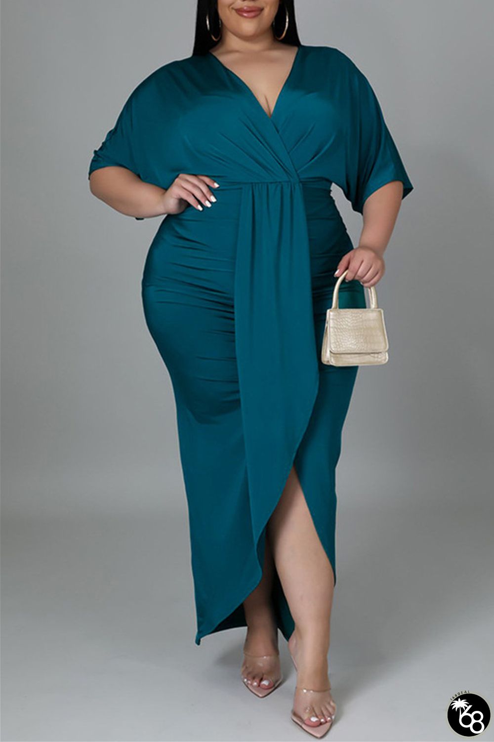 Green Fashion Casual Solid Patchwork V Neck Short Sleeve Dress Plus Size Dresses | 168DEAL