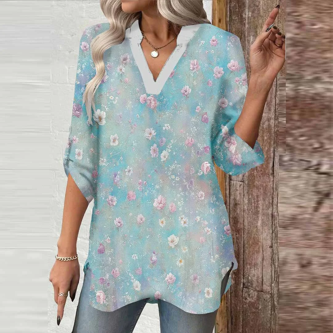 Women Floral,Blue,Rose DZGA0584 3/4 Sleeve V-neck Printed Graphic Button Tops