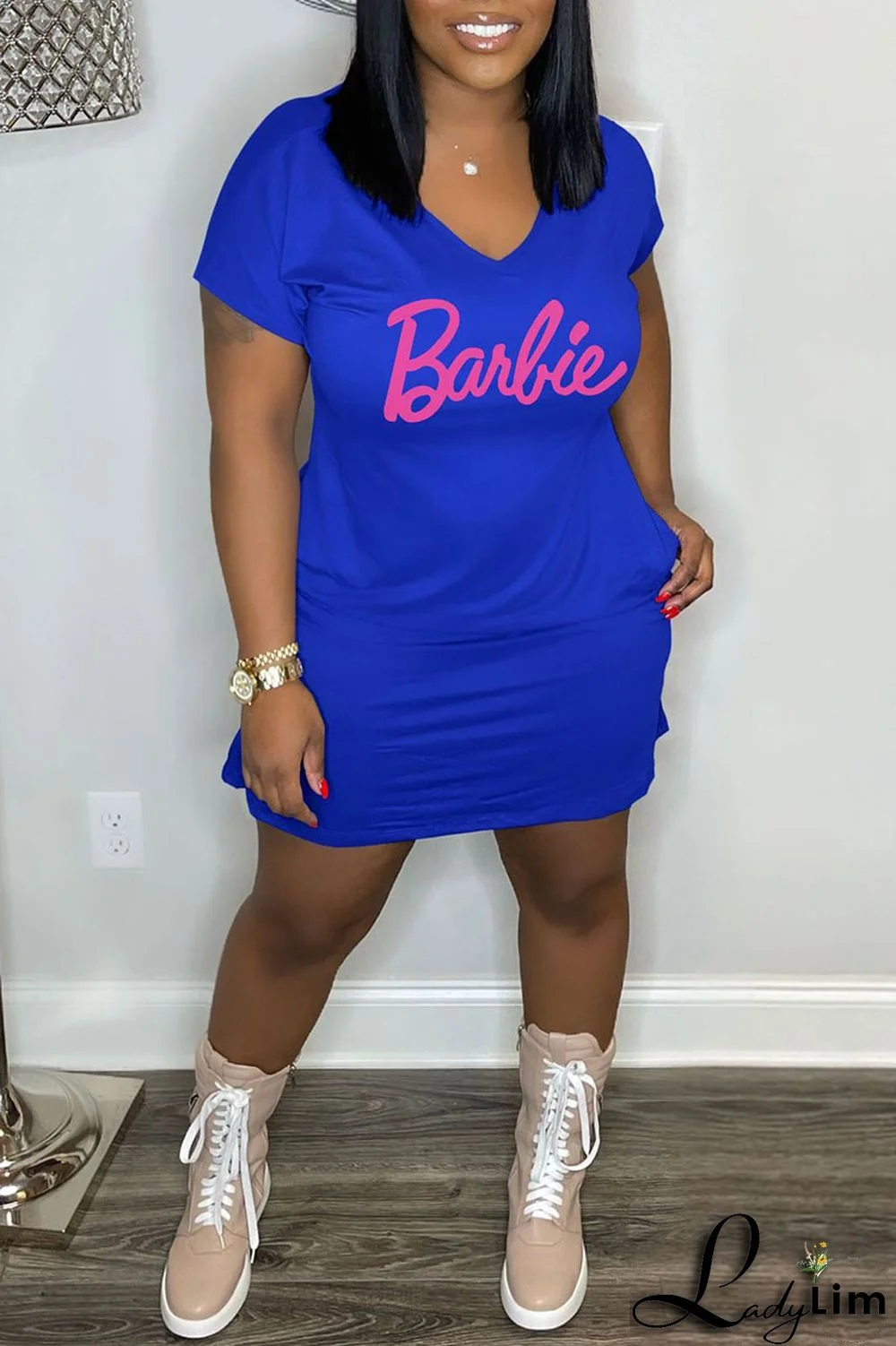 Pink Casual Print Patchwork V Neck Straight Dresses