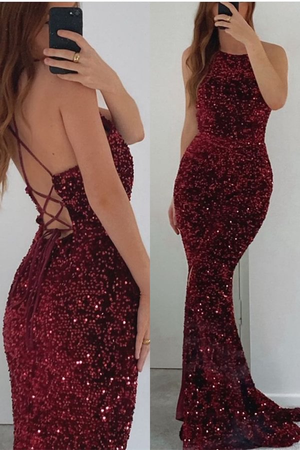 Luluslly Burgundy Mermaid Sequins Prom Dress Long Sleeveless