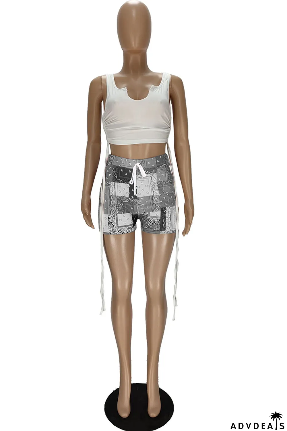 Grey Sexy Print Ripped Contrast Spaghetti Strap Sleeveless Two Pieces