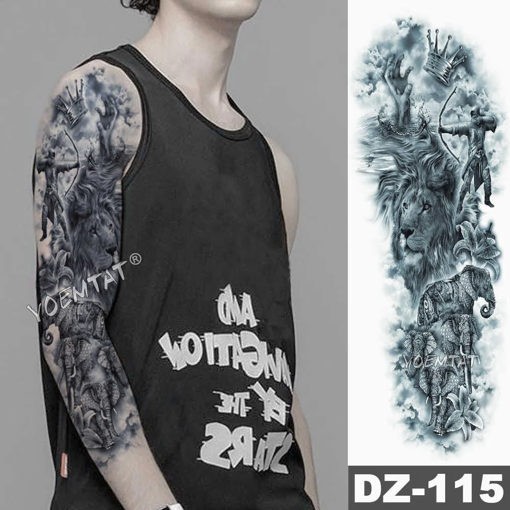 Sdrawing Arm Sleeve Tattoo Lion Crown King Rose Waterproof Temporary Tattoo Sticker Wild Wolf Tiger Men Full Skull Totem Tattoo