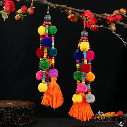 Retro national style contrast color pommel Earrings exaggerated personality Bohemian holiday long tassel temperament Earrings women