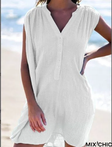 Solid Color Fashion V-Neck Button Casual Sleeveless Dress White Dresses