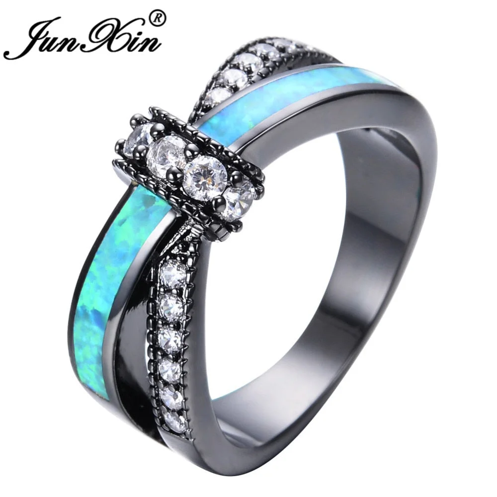 JUNXIN Unique Jewelry Blue Fire Opal Rings For Female Male Black Gold Filled Crossed Shape Wedding Party Zircon Promise Ring