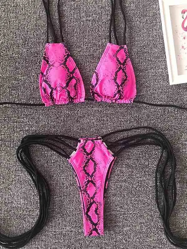 Snake-Print Triangles Bandage Split Bikini Swimsuit