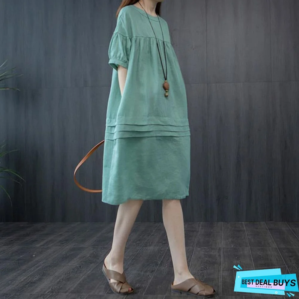 Cotton Dress Women's Casual Loose Plus Size Teaching Folds to Cover Belly Linen