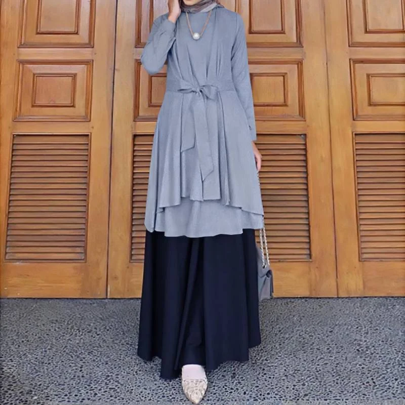 ZANZEA Elegant Patchwork Muslim Sundress Women Casual Long Sleeve Lace Up Hijab Dress Holiday Party Islamic Abaya Female Robe