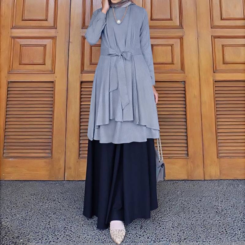ZANZEA Elegant Patchwork Muslim Sundress Women Casual Long Sleeve Lace Up Hijab Dress Holiday Party Islamic Abaya Female Robe