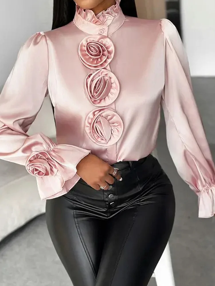 Elegant Rose Detail Ruffle Stand Collar Bell Sleeve Blouse