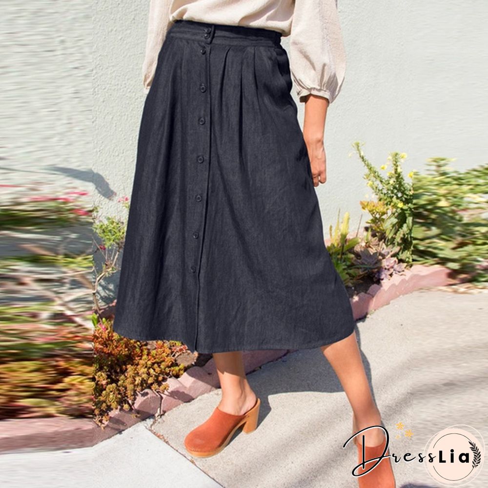 S-5Xl Ladies Denim Button Ruffle High Waist Long Skirt Dress Casual Elegant Loose Outwear A Line Dress Kleid