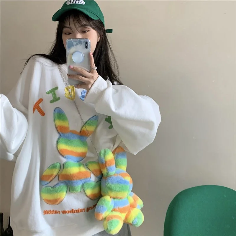 Oversized Chic Doll Embroidered Round Neck Hoodies Womens Autumn Clothes Women 2021 Korean Fashion Kawaii Sweatshirts Pullover