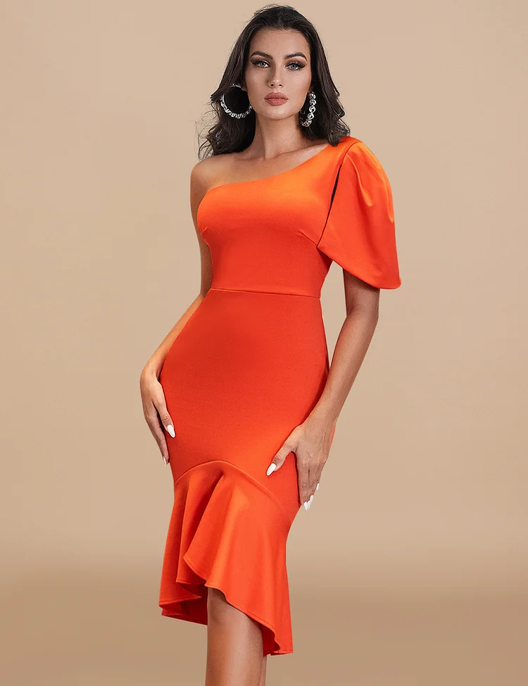Orange One-Shoulder Fishtail Dress SF631
