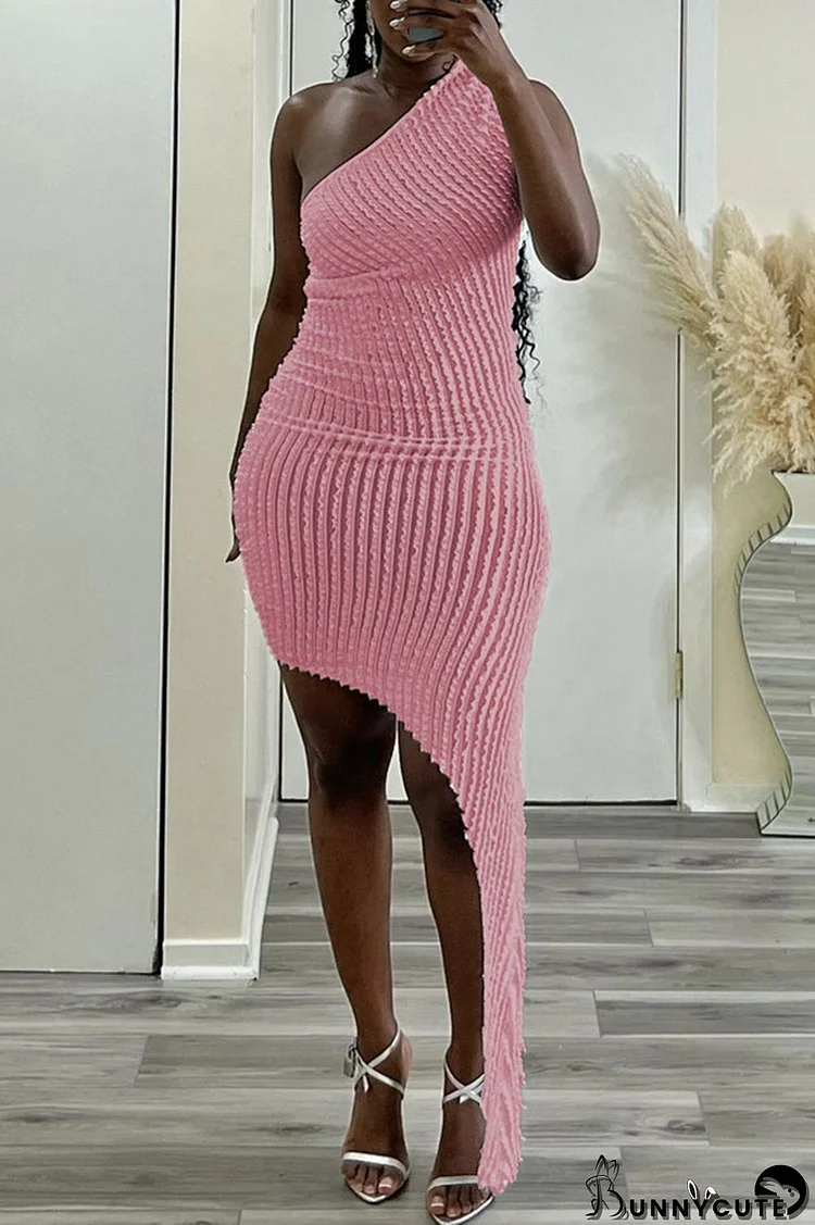 Pink Sexy Casual Solid Backless Oblique Collar Irregular Dress Dresses