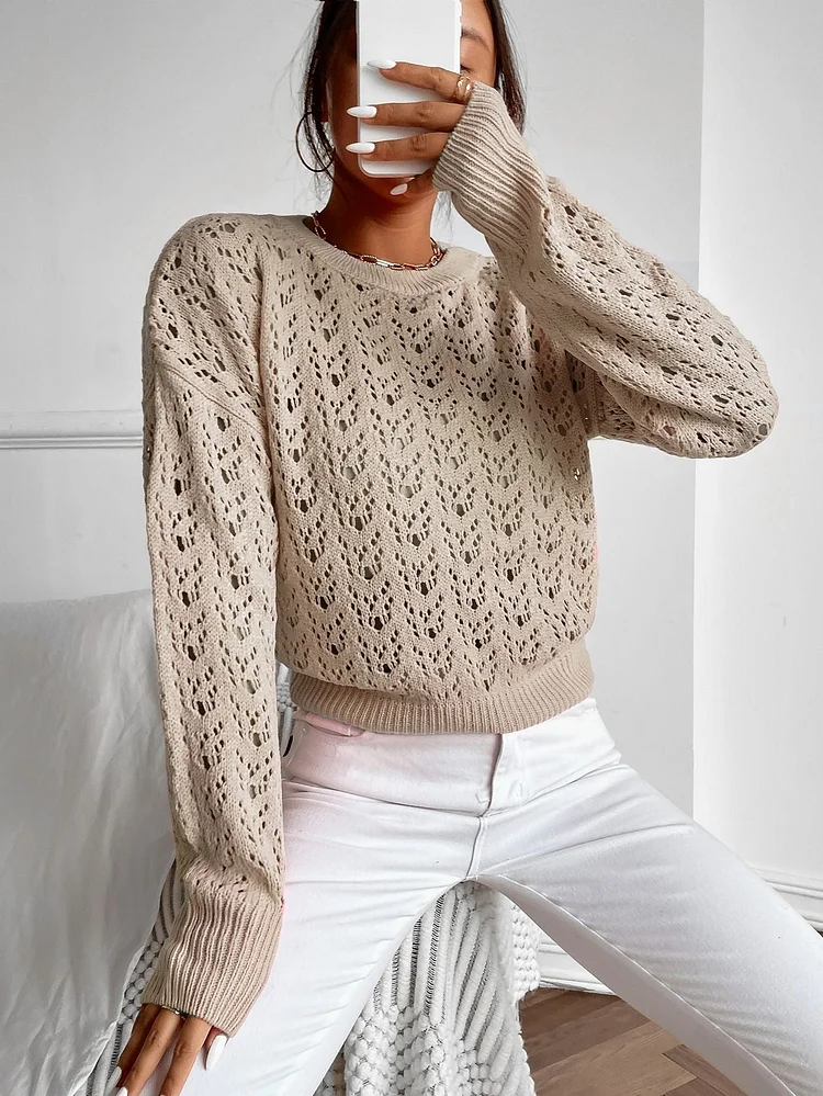 Fashion Knitted Tops Autumn Hollow Out Feather Pattern Long Sleeve O-neck Pullover Casual Sweater