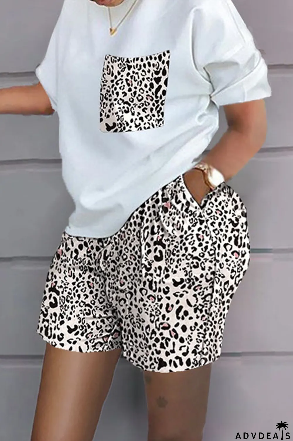 Leopard Print Casual Print Patchwork O Neck Short Sleeve Two Pieces
