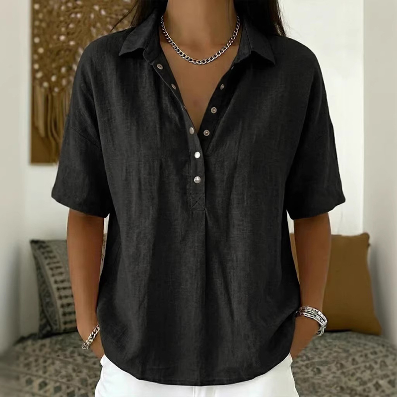 Women's Solid Color Short Sleeve Linen Blend Shirt wearshes