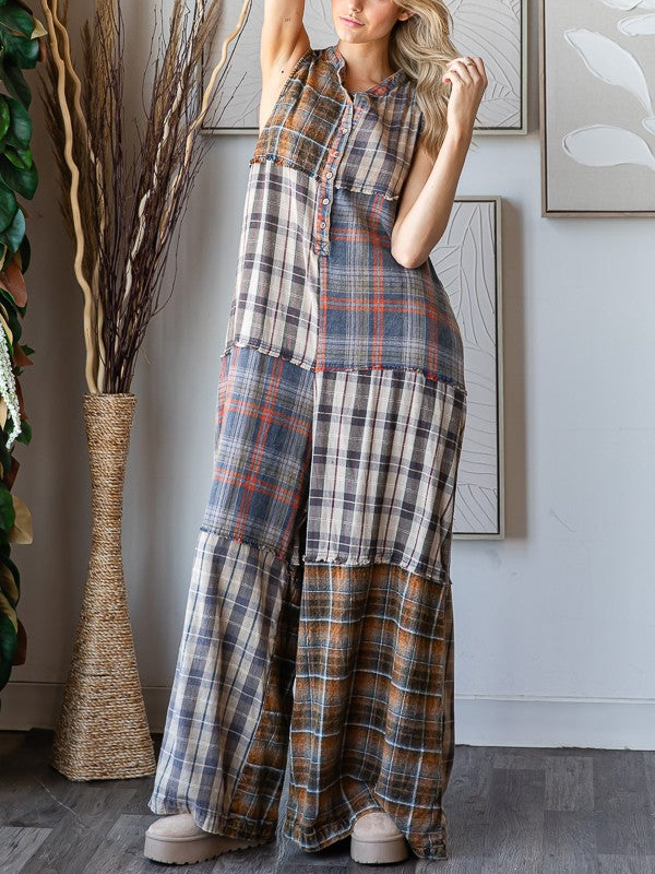 Sleeveless Checkered Button Wide Leg Jumpsuit