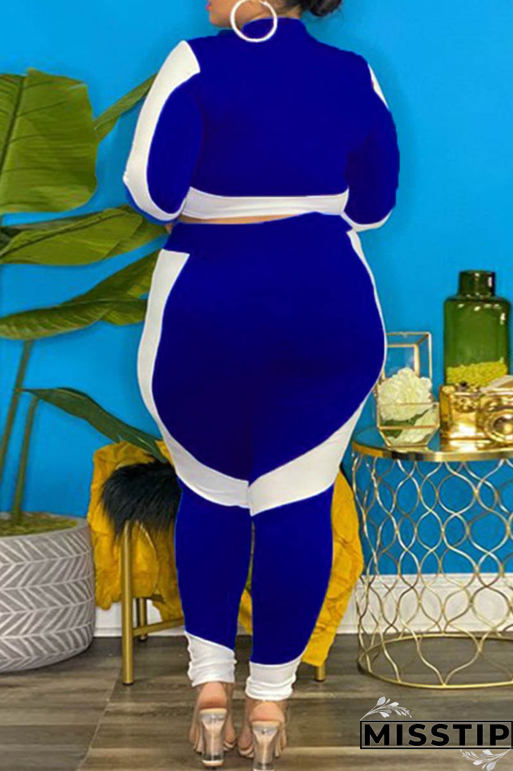 Green Fashion Casual Patchwork Zipper O Neck Plus Size Two Pieces