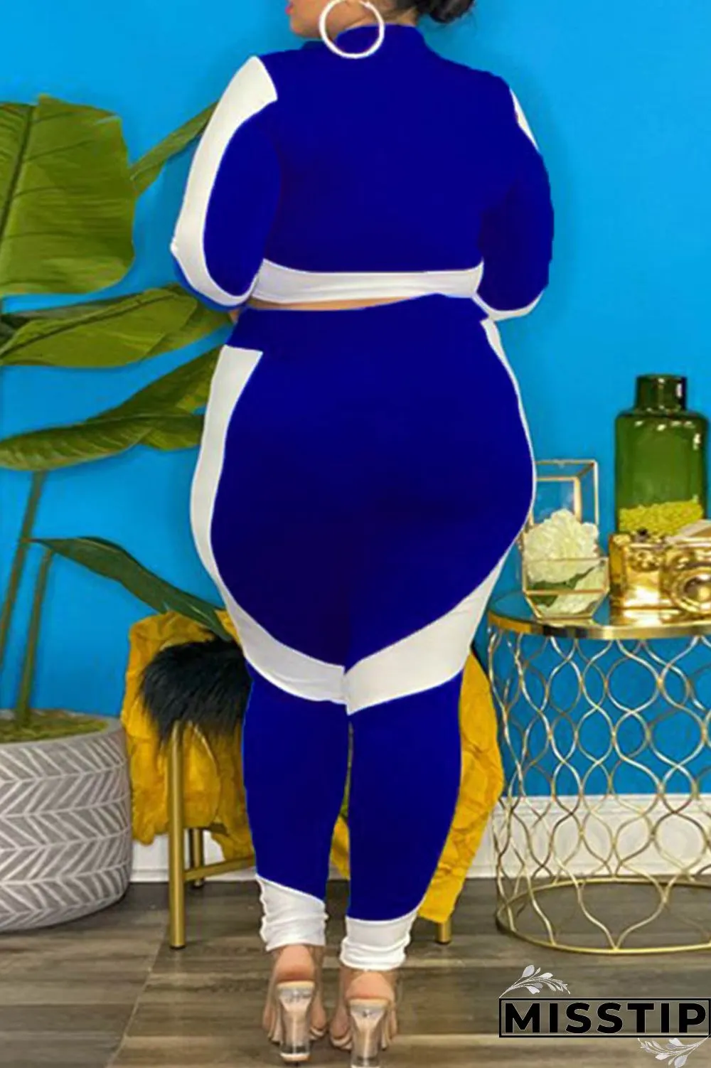 Green Fashion Casual Patchwork Zipper O Neck Plus Size Two Pieces