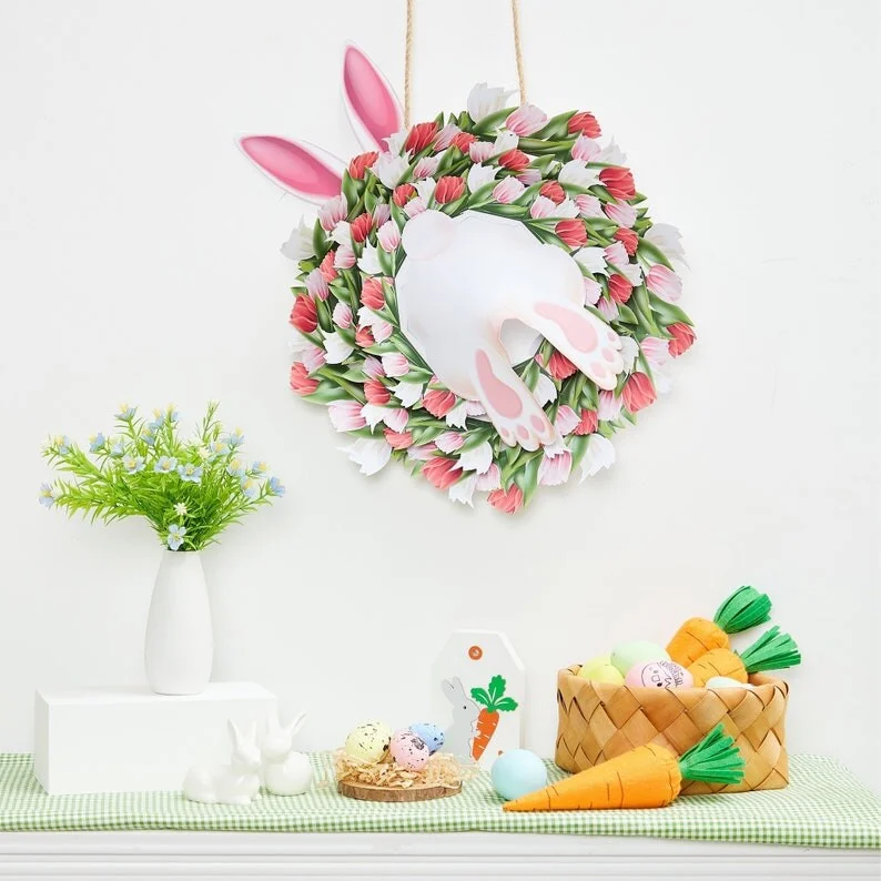 Easter Bunny Tulip Wreath, Door Decor ,Home Decor For Easter, Spring Day, Thanksgiving, Birthday,Wedding Gift,Valentine's Day