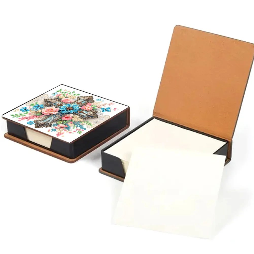 DIY Flower Cross Leather Diamond Art Note Box with 160 Sheets of Paper for Beginners