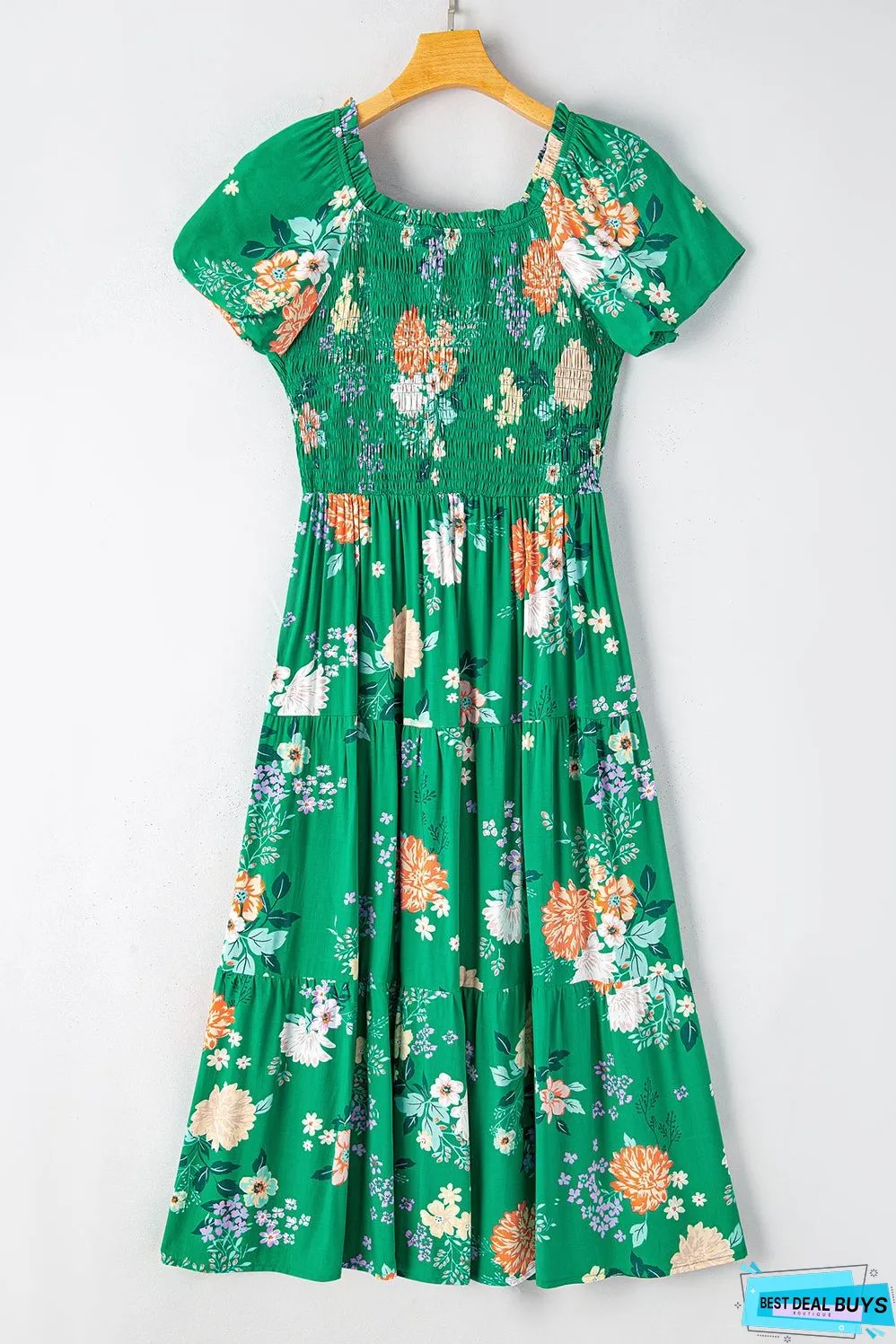 Floral Print Smocked Tiered Midi Dresses