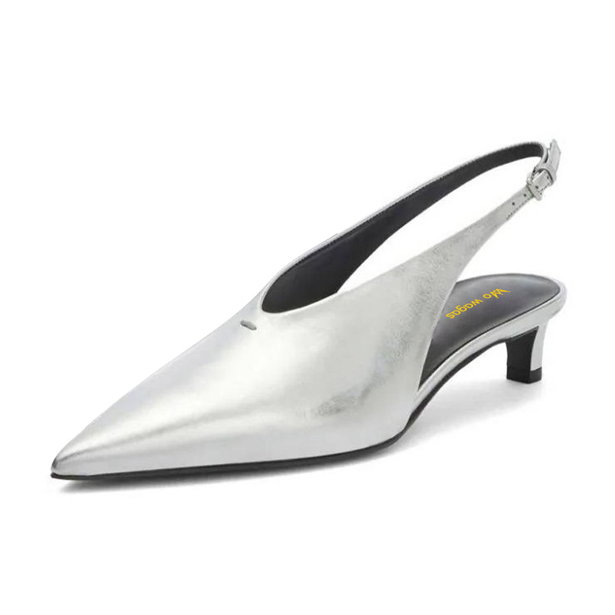 Silver Slip-On Pointed Toe Kitten Heel Slingback shoes with Buckle Nicepairs
