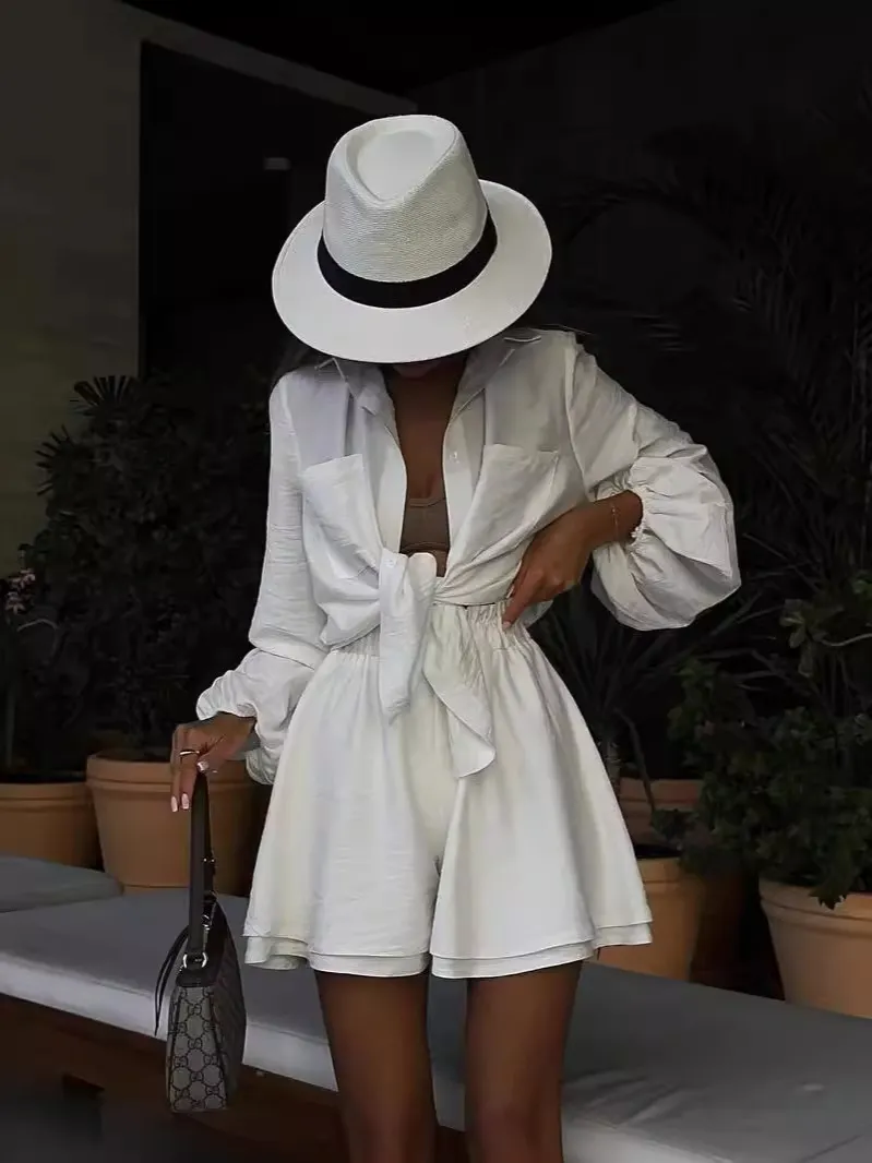 Nigikala Nigikala Summer Women's Long-Sleeved Tops Lotus Side Shorts Casual Fashion Suit Woman