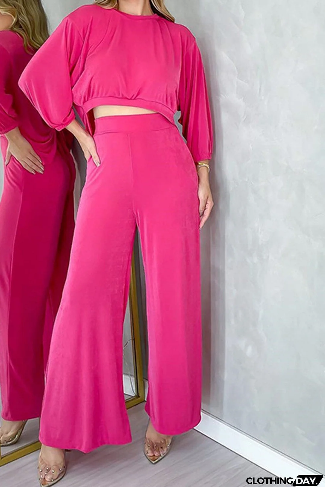 Asymmetrical Hem Crop Top Wide Leg Long Pants Suits