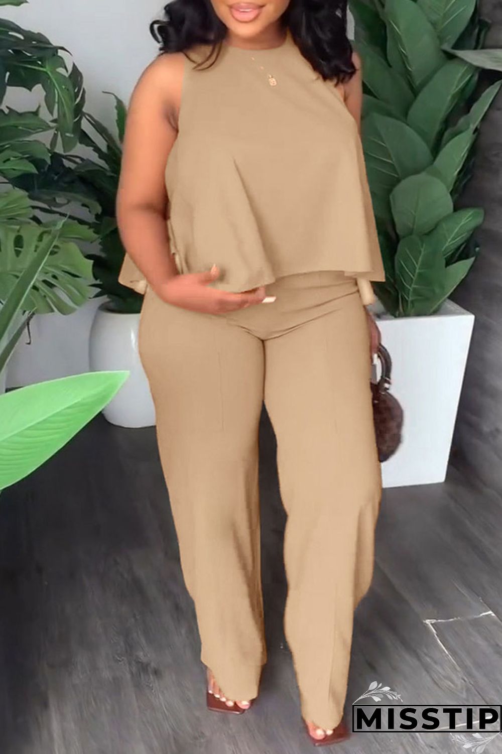 Orange Casual Solid Patchwork O Neck Plus Size Two Pieces