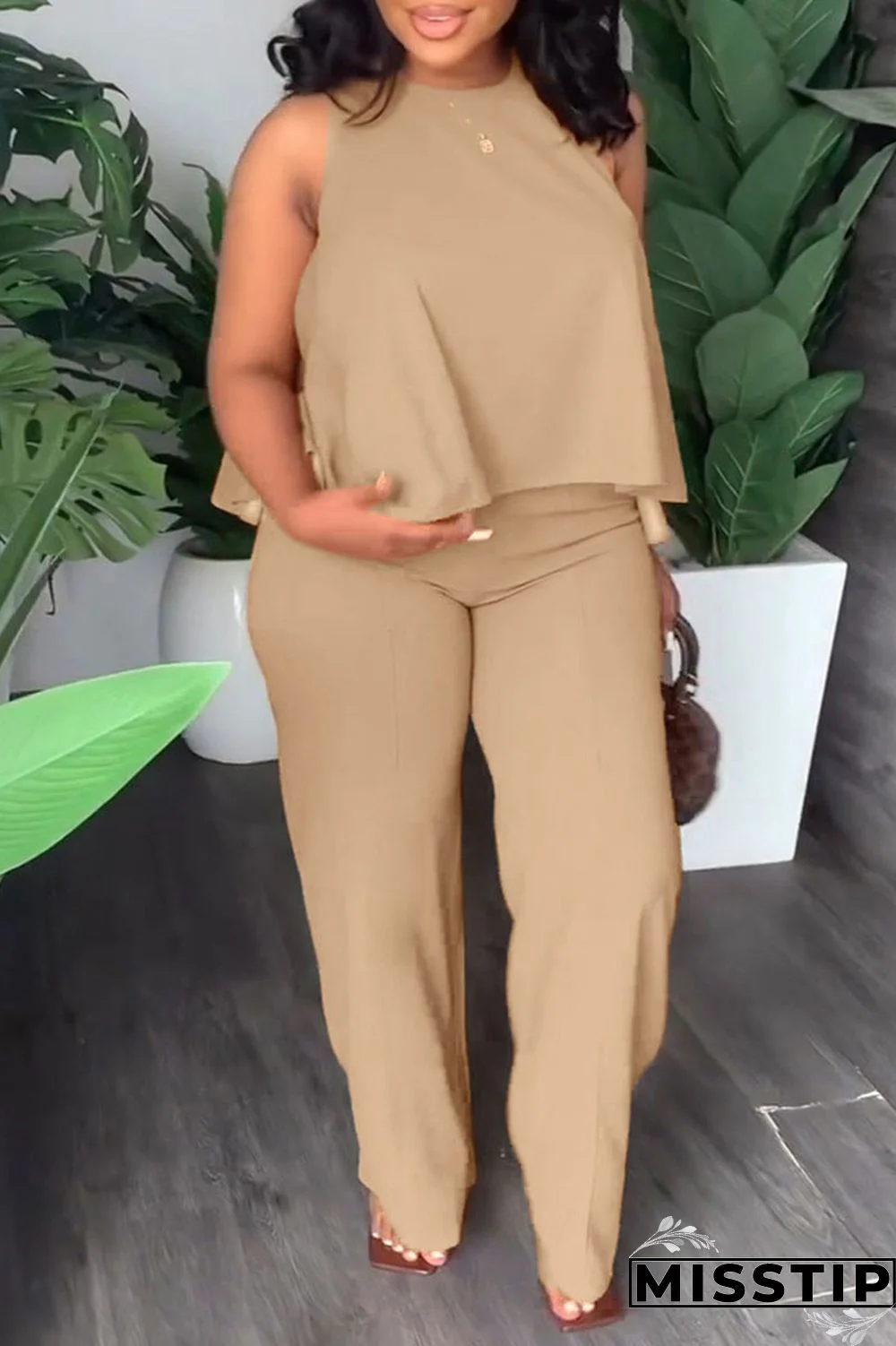 Orange Casual Solid Patchwork O Neck Plus Size Two Pieces