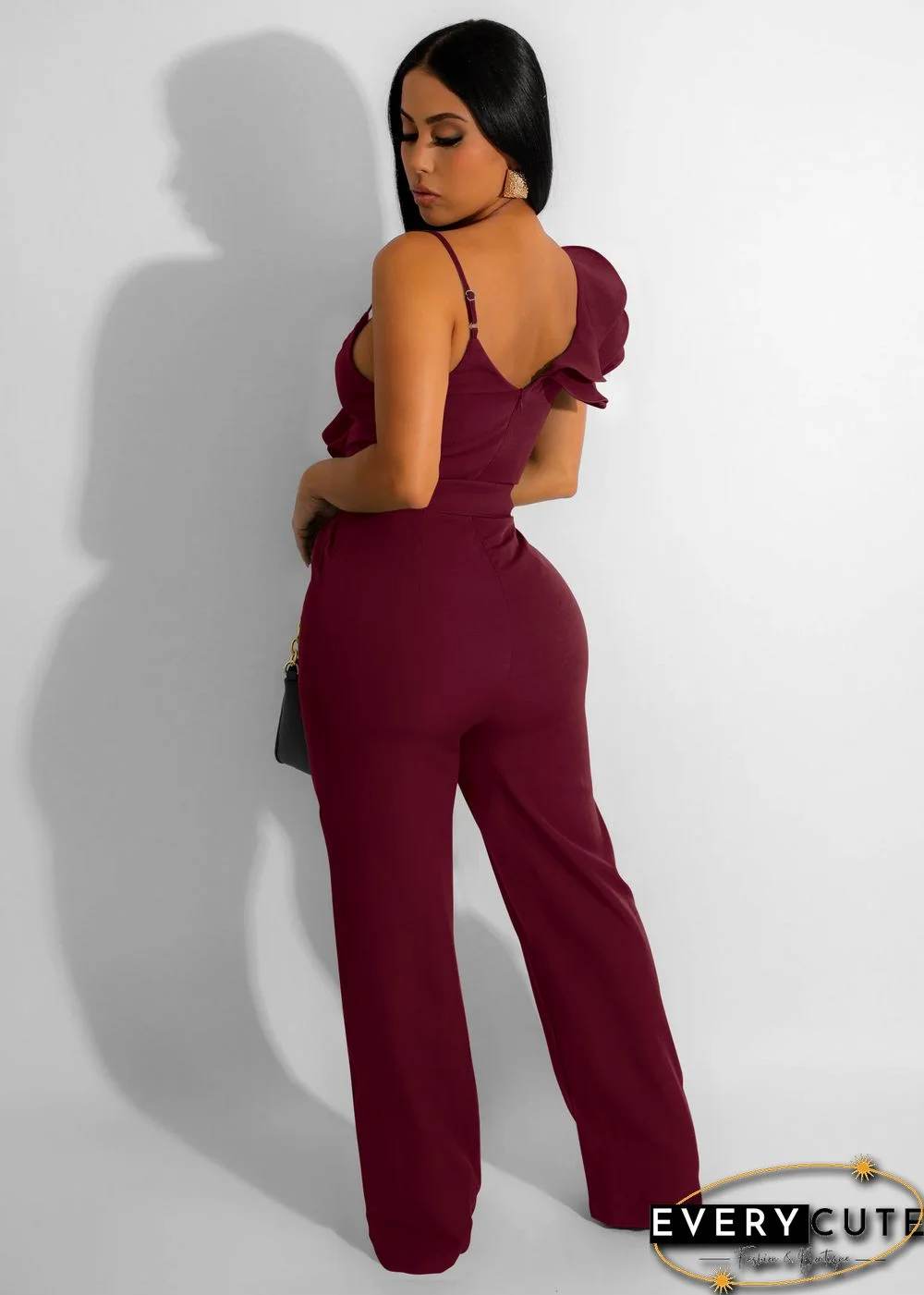 Fashion Ruffled Sleeveless Waist Deep V Loose Jumpsuit