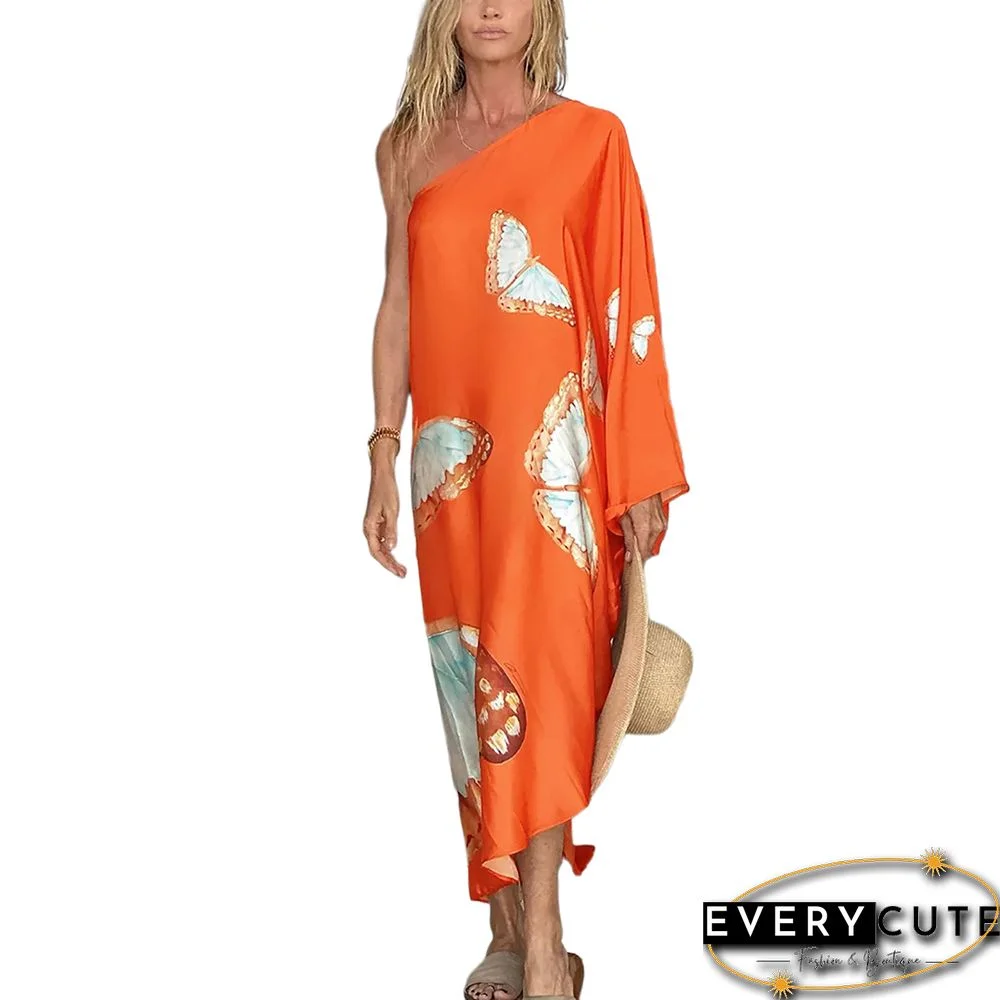 Tangerine Butterfly Print One Shoulder Irregular Beach Dress